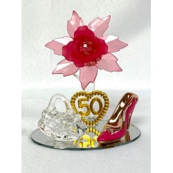 50th Birthday Party Acrylic Shoe Favor with Fuchsia Flower in Clear Box